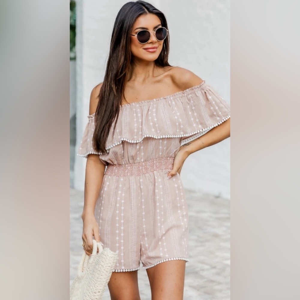 LIKE NEW Pink Lily Pink and White Off-Shoulder Romper with Pom Pom Trim - Size L